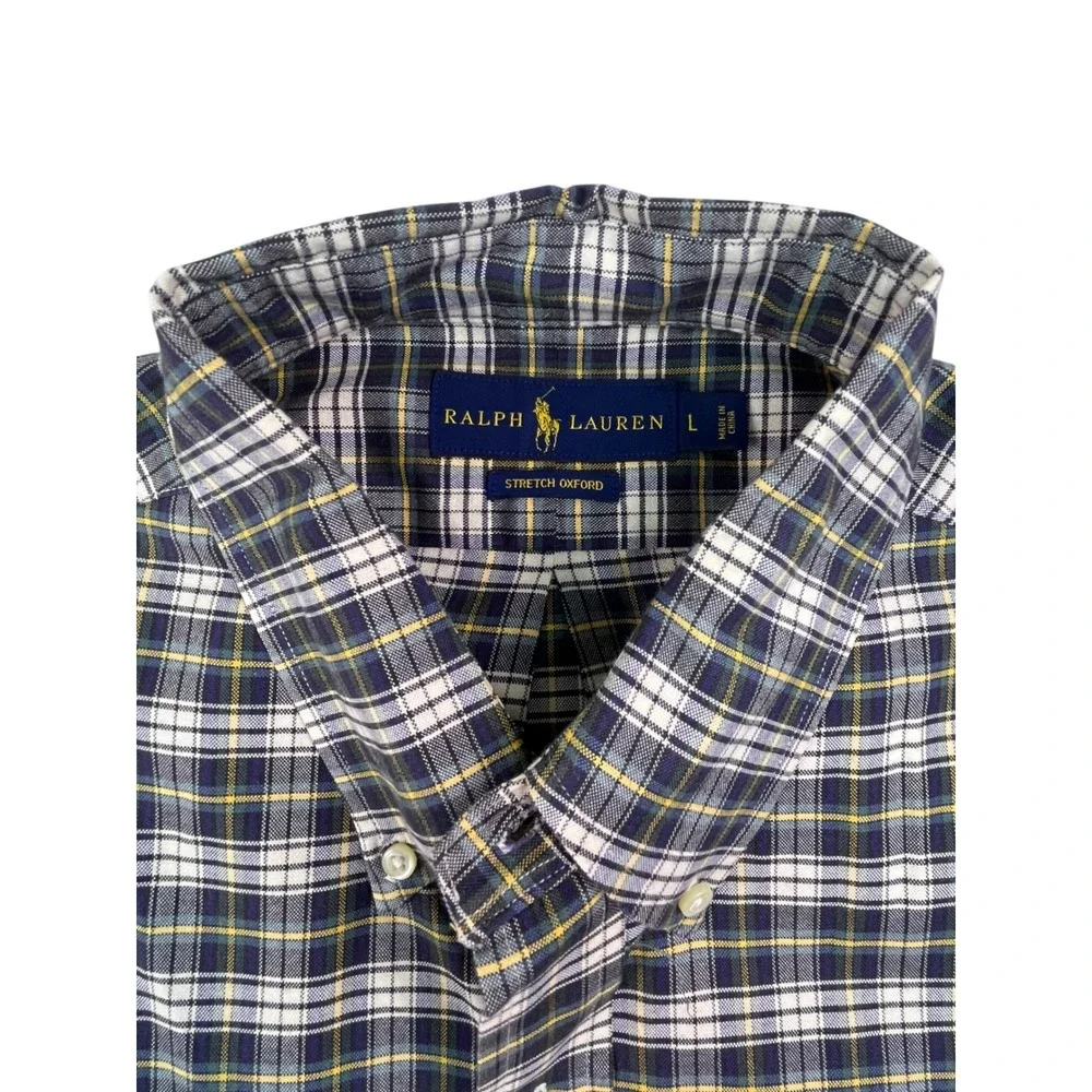 Ralph Lauren Men's Stretch‎ Oxford Plaid Button Down Shirt Size L Blue Green